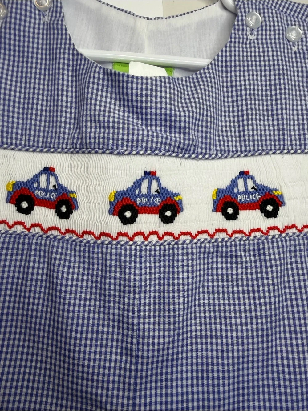 Classic Blue Gingham Smocked Police Car One-Piece for Kids
